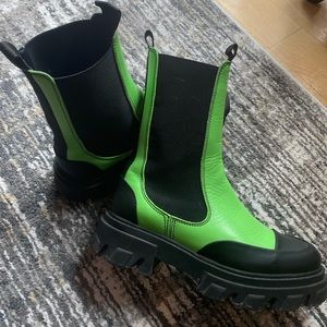 Ganni Acid Green Mid Calf Leather Chelsea Boot